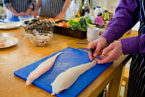 Group of people on a seafood cookery course, during the course, run by Dorset-based Fraser Christian, people learn about fish and shellfish cookery skills, with an emphasis on locally-caught sustainab...