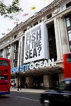 A large banner with words 'no more fish in the sea?', part of Selfridges Project Ocean, displayed on their Oxford Street store, London, England, UK, May 2011. Editorial use only.