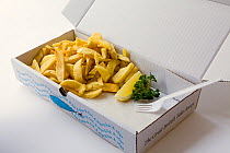 Fish and chips, in a take away box, with missing fish, England, UK, April 2011