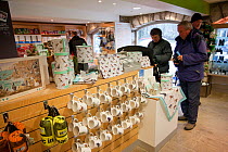 Shop at RSPB Leighton Moss visitor centre, showing economic benefits of wildlife tourism, Morecambe Bay, Cumbria, England, UK, February