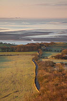 View from Arnside Knott over Morecambe Bay hinterland at dawn, Arnside, Cumbria, England, UK, February