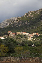 Urtaca village on hilly slope. Corsica, France, April.