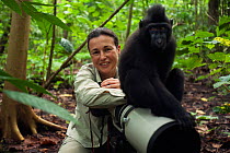 Black / Celebes crested macaque (Macaca nigra) sitting on camera lens with photographer, Fiona Rogers, Tangkoko National Park, Sulawesi, Indonesia, model released, May 2011