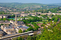 Overview of Bath city showing Bath Spa railway station, St. John's Church and the Recreation ground, Somerset, UK, April 2011.
