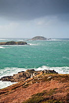 Looking out over Round Island Lighthouse on a stormy day on St. Martin's, Isles of Scilly, UK, January 2012.