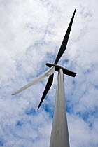 Looking upwards at wind turbine on Whitelee Windfarm, Glasgow, Scotland, August 2011.