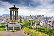 Dugald Stewart Monument, Calton Hill, with the city of Edinburgh beyond. Scotland, September 2011.