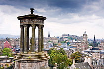 Dugald Stewart Monument, Calton Hill, with the city of Edinburgh beyond. Scotland, September 2011.