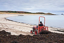Farmer on tractor collecting seaweed for his vineyard. Par Beach, St. Martin's, Isles of Scilly, UK, January 2011.