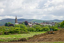 Destruction of countryside in green belt close to market town, for building of houses in flood plain, future Glasdir estate, Ruthin, Vale of Clwyd, Denbighshire, Wales, UK.  This is a highlighted area...