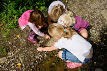 Children playing in River Onny,understanding nature by gathering river stones  to make oven for pizzas,Shropshire,England,UK, 2011
