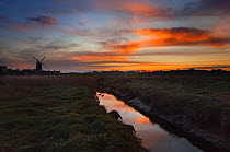 Cley Mill and river Glaven at sunset, Norfolk, UK January 2012