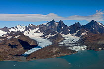 Aerial view of Lyell Glacier (left) and Geikie Glacier, Cumberland West Bay, South Georgia Island, March 2011