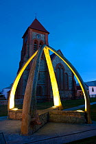 Port Stanley Christ Church Cathedral with Whale Bone Arch, erected in 1933 to celebrate a century of British rule, Falkland Islands, February 2011