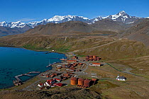 Aerial view of Grytviken Whaling Station with Museum and Church, South Georgia, March 2011