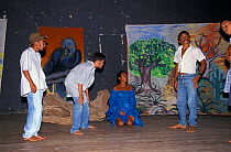 Drama group acting out the story of the Critically endangered Spix's macaw (Cyanopsitta spixii) to children near Curaca, Bahia, Brazil, where the last known wild individuals were seen.