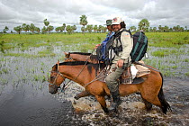 Conservation officer, Hernan Vargas Ayala, and his assistant riding through wetlands on survey of the Critically endangered, Blue throated macaw (Ara glaucogularis) Trinidad, Beni, Bolivia, January 20...
