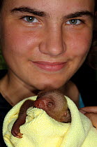 Girl holding baby Three-toed Sloth (Bradypus variegatus).   Aviarios del Caribe Sloth Sanctuary, Costa Rica, 2008.