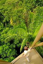 Person looking over the rainforest canopy from the observation tower at the Panama Rainforest Discovery Center. Gamboa, Panama city region, Canal rainforest, 2008.