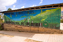 Street mural of forest and parrots, welcoming people to Roncesvalles. Tolima, Colombia, 2010.