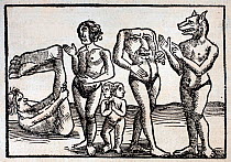 Woodcut illustration from Sebastian Munster's 1552 'Cosmographia' published by S.H. Petri in Basel, depicting ficticious people thought to live in India beyond the Ganges. He follows Pliny in describi...