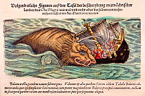 Woodcut illustration of whale attacking ship, with old colouring. From Gesner's 'Icones Animalium' published by Christof Froschover, Zurich, 1560.