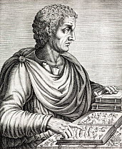 Portrait of Gaius Plinius Secundus, army commander, naturalist and author (23AD to 25 August 79AD). Copperplate engraving from Andre Thevet's 'Portraits et vies des hommes illustres' publ Guillaume Ch...