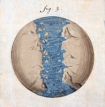 Illustration with later hand colouring from Thomas Burnet's 'The Sacred Theory of the Earth' 1684. In it he postulates how the 'perfect' featureless earth of the creation is transformed by waters unle...