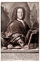 Johann Jakob Scheuchzer (born August 2nd 1672 - died June 23rd 1733). Swiss traveller naturalist and geologist. Contemporary Folio size Portrait copper engraving at 59 years old (1731) from Physica Sa...