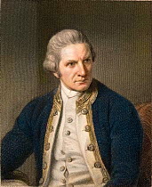 Portrait of James Cook, Captain of HMS Barc Endeavour (b. 7th November 1728 - d. 14th February 1779); steel engraving by E. Scriven 1833 with later hand colouring, after the painting by N. Dance 1775/...
