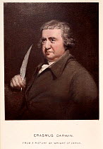 Portrait of Erasmus Darwin (1731-1802) from a picture by Wright of Derby, reproduced with later hand colouring by his grandson, Charles Darwin in 'Life of Erasmus Darwin' 1879 (Ernst Krause co-author)...