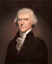 Portrait of Thomas Jefferson, polymath, American Founding Father and President (b. 13 April 1743 - d. 4 July 1826). Engraving by W.Holl in 'The Gallery of Portraits' 1837 with later colouring, after p...