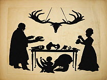 Silhouette first produced by Auguste Edouart of 'William Buckland and his Wife and Son Frank, Examining Buckland's Natural History Collection. The original is in the Museum of Fine Arts in Boston. Thi...