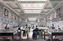 Fine steel engraving with later hand colouring by l. Lewitt and Radclyffe of the 'British Museum - Zoological Gallery' in 'London Interiors' published by Joseph Mead of London (1841). The engraving sh...