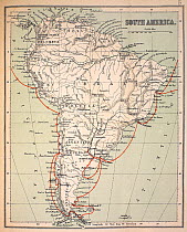 Map of South America with Voyage of the Beagle coloured in red. Appendix from 'The Voyage of HMS Beagle' (Cover Title) by Charles Darwin, New Edition 1890 John Murray publishers. Coloured print, retai...