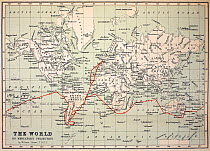 Map of the World with Voyage of the Beagle coloured in red. Appendix from 'The Voyage of HMS Beagle' by Charles Darwin (Cover Title) New Edition 1890 John Murray Publishers. Coloured print, retaining...