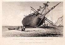 Illustration of 'Beagle laid ashore, River Santa Cruz'. Copperplate engraving, art by Conrad Martens, engraved by T. Landseer. Published by H. Colburn 1838. Plate from 'The Narrative of the Surveying...