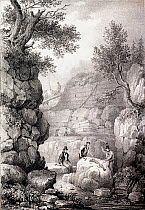 Illustration of 'Strata of Tilgate Forest in Surrey' showing Gideon Mantell (seated) while two workmen excavate a partly exposed fossil spine of Iguanodon. The strata are labelled as: 1 Loam, 2 Sand a...