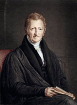 Portrait of Reverend Thomas Malthus, author of 'An Essay on the Principle of Population'. Mezzotint with later hand colouring painted and engraved by John Linnell, published 1834 by Dominic Colnaghi....