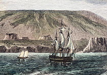 Illustration of 'Albemarle Island' (now Isabela) hand coloured engraving by Huyot and Bepard facing page 520 in 'All Around the World' published in 1872 by William Collins & Son. Shows the large calde...