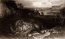 Illustration of 'The Country of the Iguanodon' by the apocalyptic artist John Martin, commissioned by Gideon Mantell as the frontis for his popular book 'The Wonders of Geology' (1838). Martin was vis...