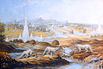 1854 illustration of Crystal Palace at its Sydenham site, with Benjamin Waterhouse Hawkins' dinosaur sculptures in the foreground. 11cm x 16.3 cm. Miniature colour print by the George Baxter patent pr...
