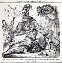 Illustration of 'The effects of a hearty dinner after visiting the Antediluvian Department at the Crystal Palace' from Punch, Volume 28, 1855. The restorations of dinosaurs at the Crystal Palace in Sy...