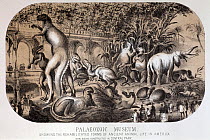 Illustration from Harpers Weekly, August 14th 1869 'Palaeozoic Museum, showing the rehabilitated forms of ancient animal life in america now being constructed in Central Park'. Wood cut from Benjamin...