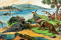 19th century lithograph illustration of a Jurassic landscape including the dinosaurs: Megalosaurus (1), Iguanodon (2 with incorrect nose spike), Hylaeosaurus (3 with incorrect orientation of spines) L...
