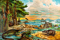 Landscape of the Triassic coastal environment with reconstructions of dinosaurs and marine reptiles, 'Dr. Schubert's Naturgeschichte - Geologie, Mineralreich, Palaontologie'. Published in Stuttgart 18...