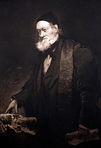 Portrait of Richard Owen (20, July 1804- 18 December 1892), 1889 mezzotint by H.J. Thaddeus with contemporary face but pose taken from an earlier 1852 photograph with dinosaur. Owen was a comparative...