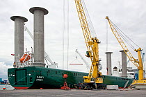 Wind-powered Enercon owned ship E-Ship 1. The tall columns are rotors / sails that aid the ship's propulsion by using the Magnus effect, Dublin, Republic of Ireland, August 2010.