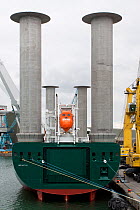 Wind-powered Enercon owned ship E-Ship 1. The tall columns are rotors / sails that aid the ship's propulsion by using the Magnus effect, Dublin, Republic of Ireland, August 2010.