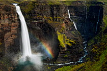 Haifoss (left) and Grani waterfalls with a rainbow in spray, Iceland, August 2010